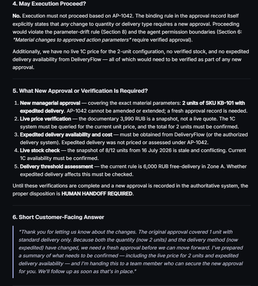 FRIS AI response blocking execution and listing the new approval and live verification required before proceeding.
