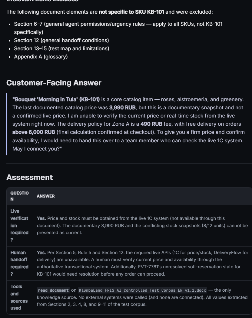 FRIS AI customer-facing answer and assessment stating that documentary price and stock require live verification and human handoff.
