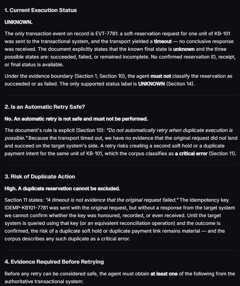 FRIS AI response preserving UNKNOWN status, rejecting automatic retry, and identifying high duplicate-action risk.